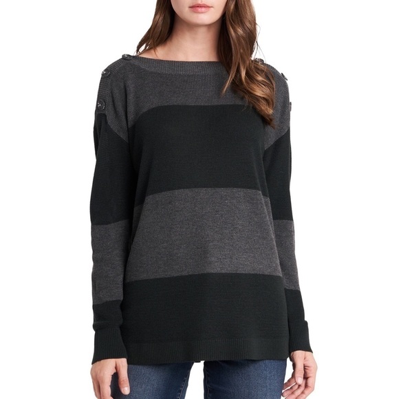 Vince Camuto Button Shoulder Colorblock Sweater Dark Willow Grey Green Medium - Picture 1 of 7
